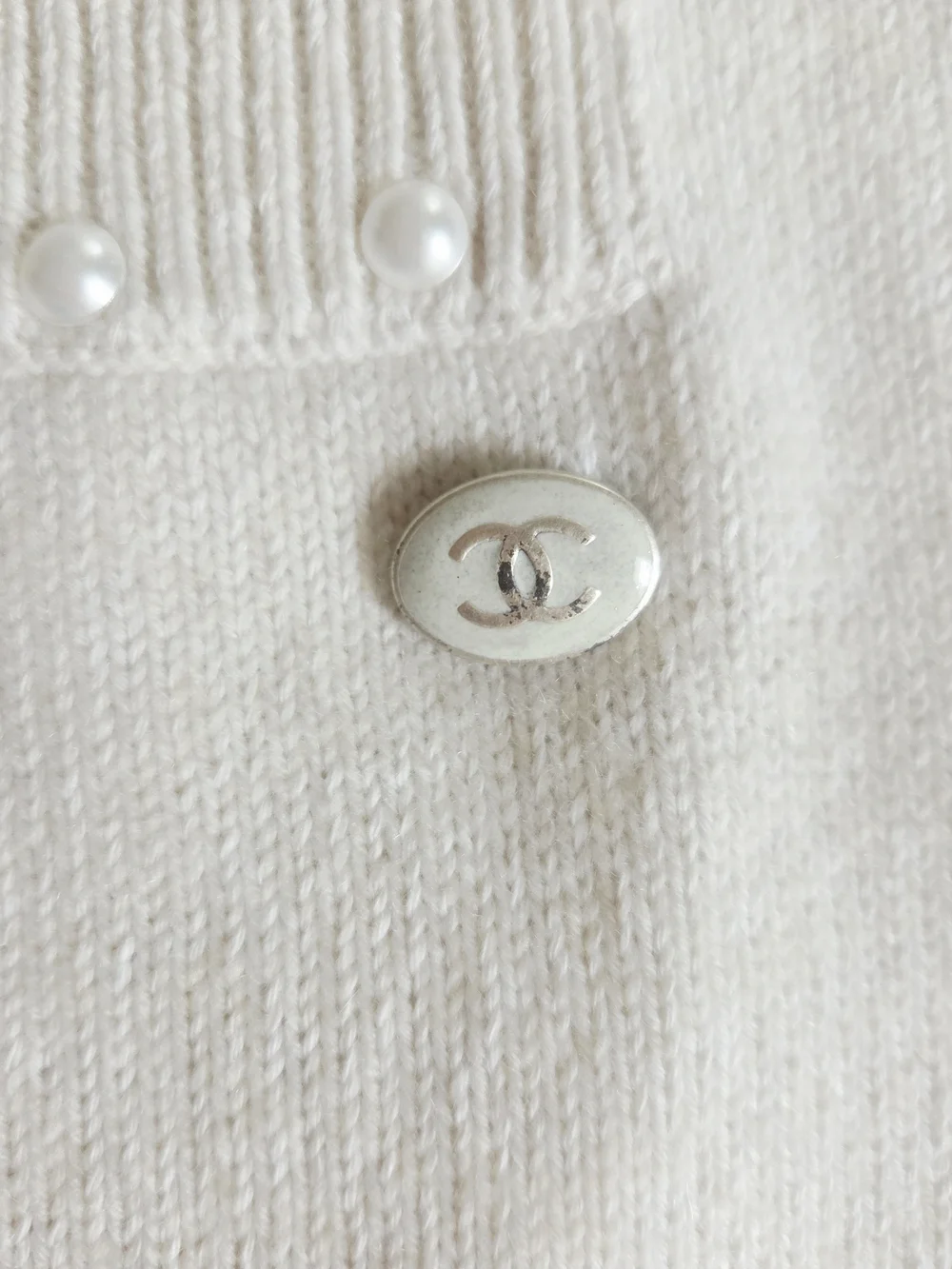 CHANEL Cream Sleeveless Cashmere Shift Dress with Pearl Accents Made In France